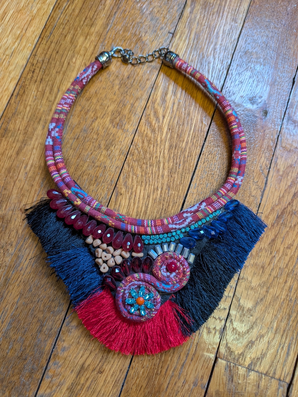 Vintage Bohemian Red & Blue Fringe Statement Necklace 18 In